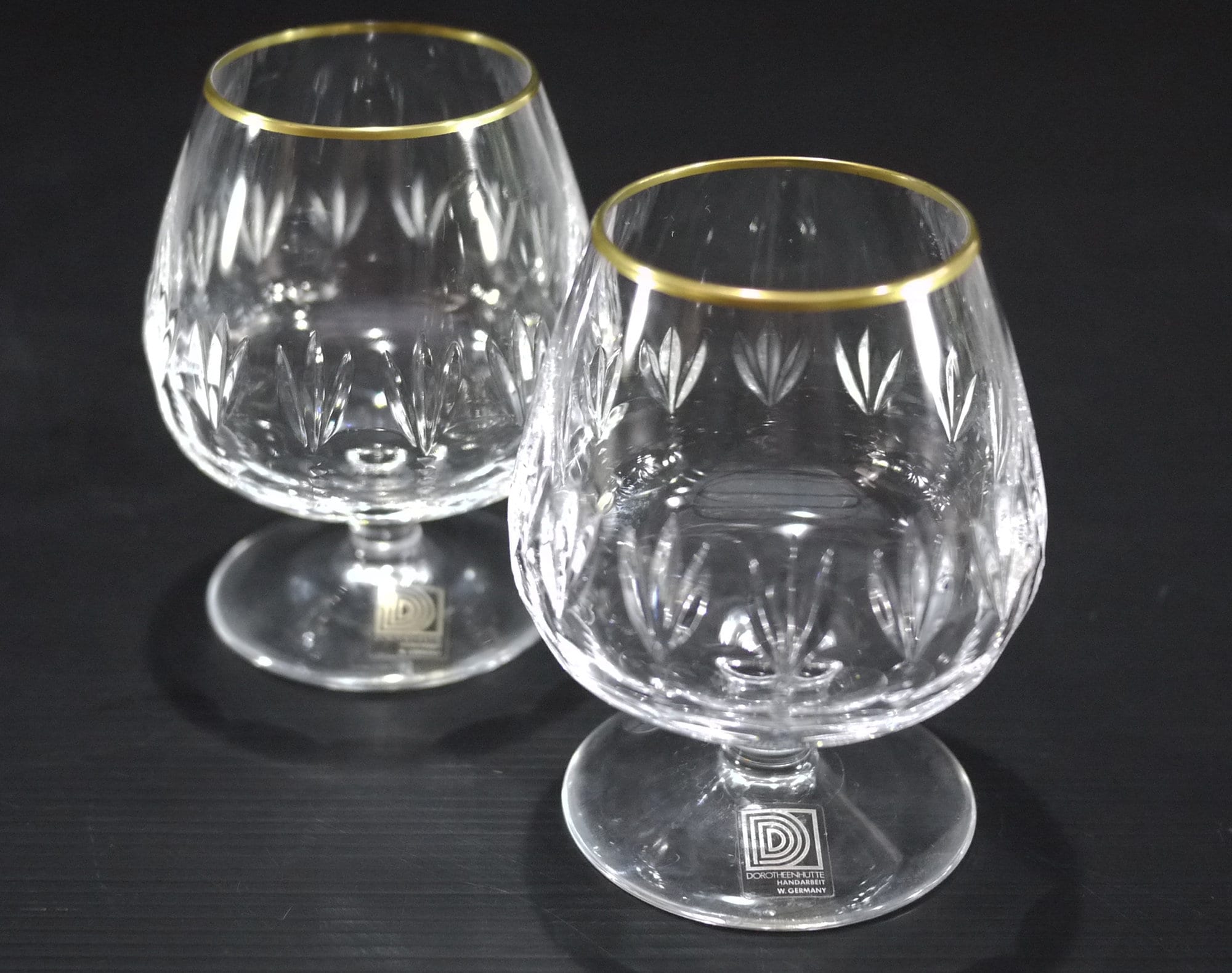 Pair Of Large Crystal Cognac Glasses, Cut Crystal with Gold Rim Brandy