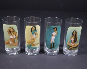 Vintage French Pin Up Highball Glasses, Set of 4