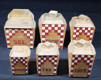 Antique Spice Canisters & Salt Box Wooden Lustucru Pattern French Kitchen Storage Jars