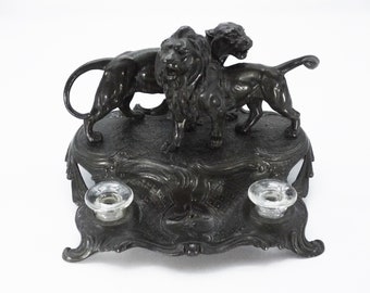 Antique French Spelter Inkstand with Lions, Double Inkwell