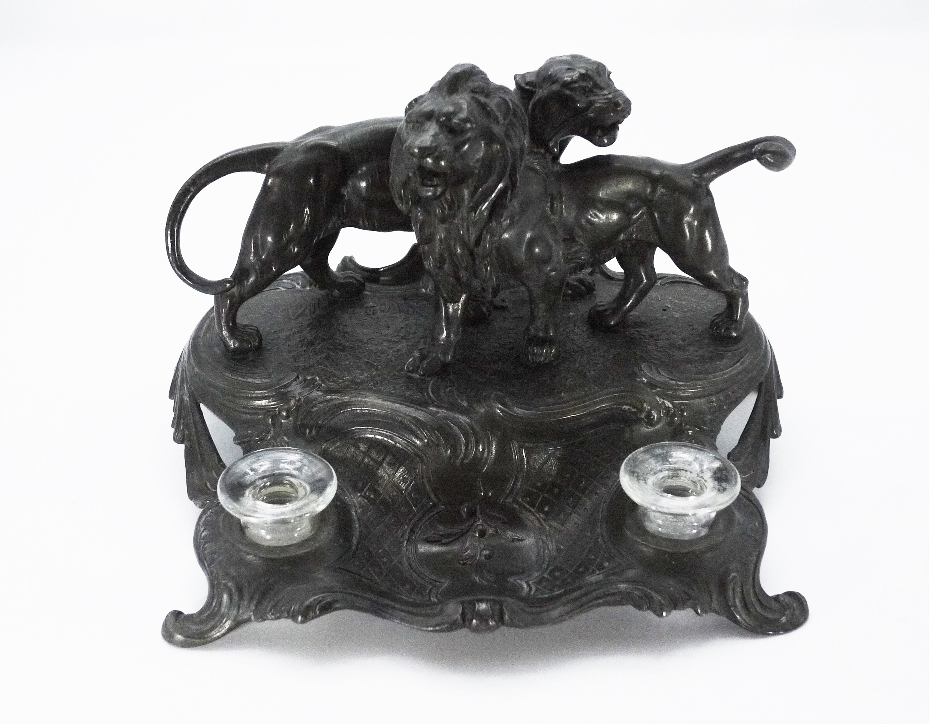 Antique French Lions Spelter Inkwell Stand Etsy