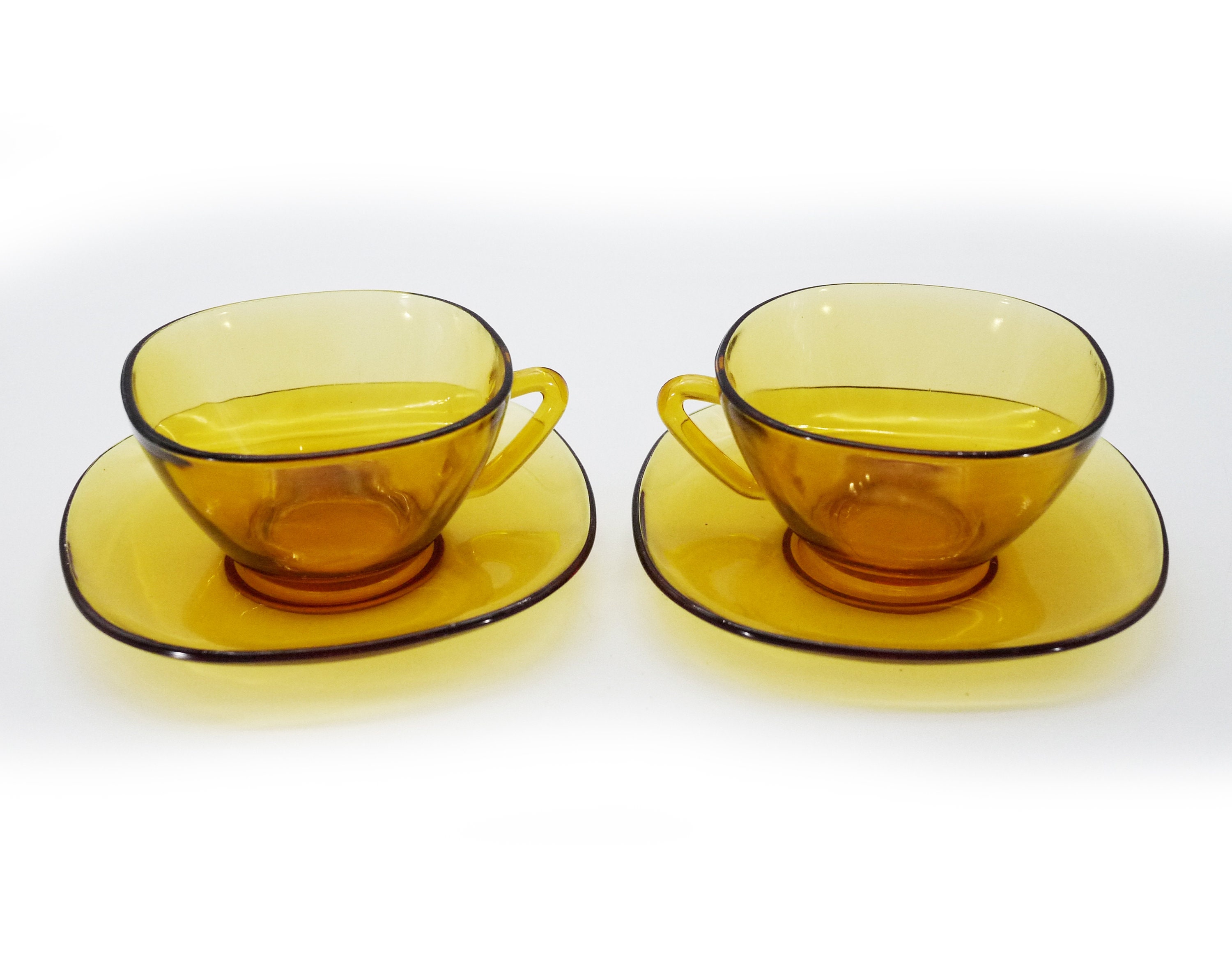 French Amber Glass Cup & Saucer Set By Vereco