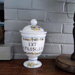 Peut inclure: Pot de pharmacie en céramique blanche avec couvercle, orné de motifs floraux bleus, jaunes et verts. Le pot porte l'inscription "EXT H.PILOSELLA" et repose sur un socle. Un élément décoratif pour la maison.