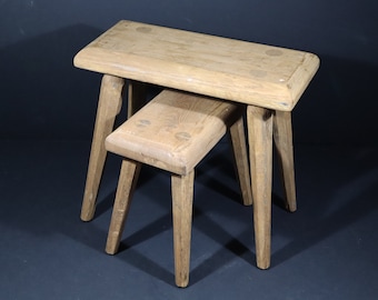 Vintage Brutalist Oak Stools, French Solid Oak Small Bench set