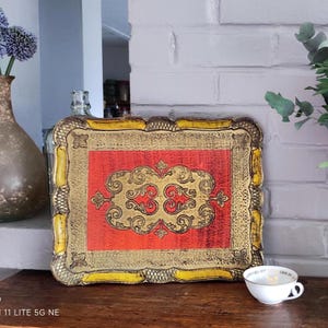 Vintage Italian Large Drink Tray in Baroque Yellow and Red Florentine Decor