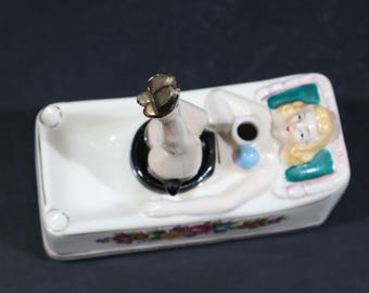 Art Deco Porcelain Ashtray Pin up Lady With Rocking Legs, Naughty
