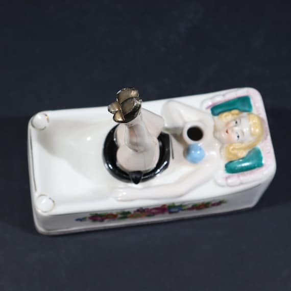 Art Deco Porcelain Ashtray Pin up Lady With Rocking Legs, Naughty
