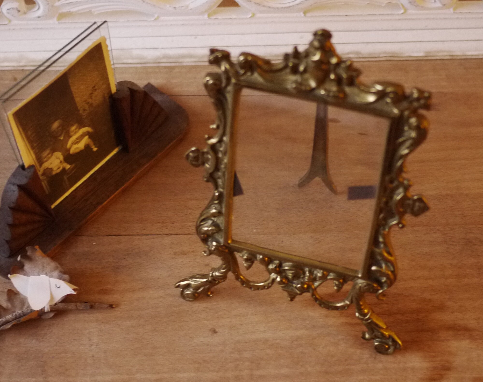 Antique French Picture Frame, Solid Brass Easel Picture Frame