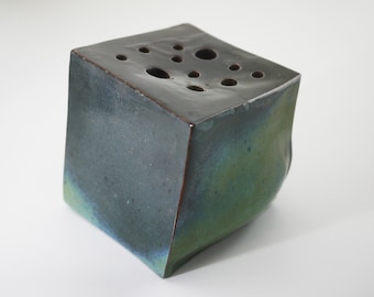 1960s Vintage Green Drip Glaze Abstract Vase French Ceramic Cube Flower Arrangement
