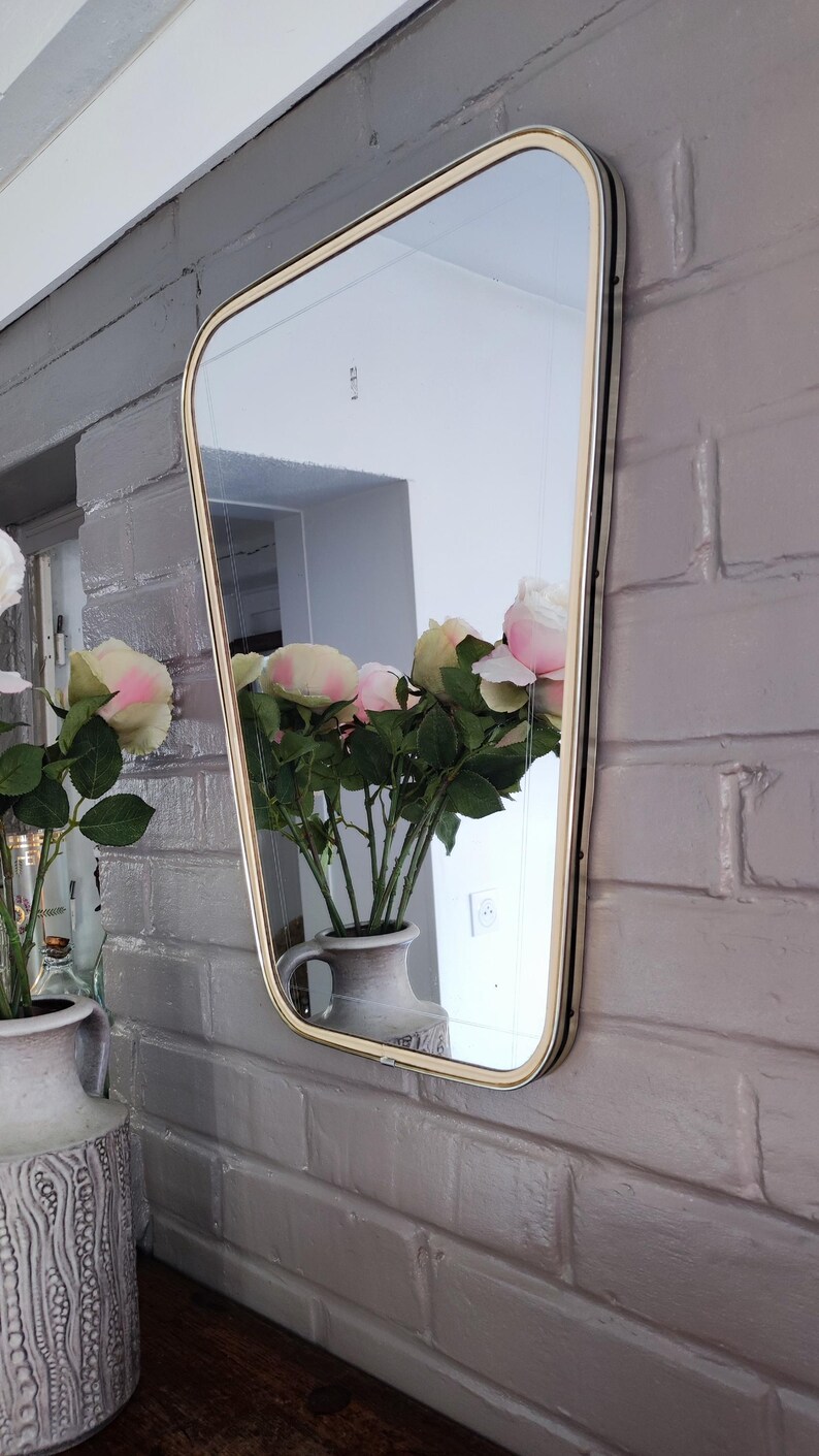 French Asymmetric Brass Wall Mirror, 1960s Rockabilly Decor image 7