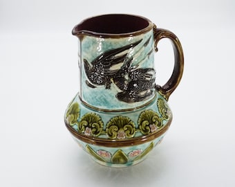 19th Century Majolica Pitcher French Antique Turquoise Pottery Vase From Mouzin Lecat