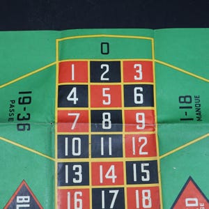 May include: A green roulette betting mat featuring a central grid of numbers from 0 to 18 arranged in red and black squares. The mat includes text labels such as 19-36 PASSE and 1-18 MANQUE printed in black on the green surface with yellow lines.