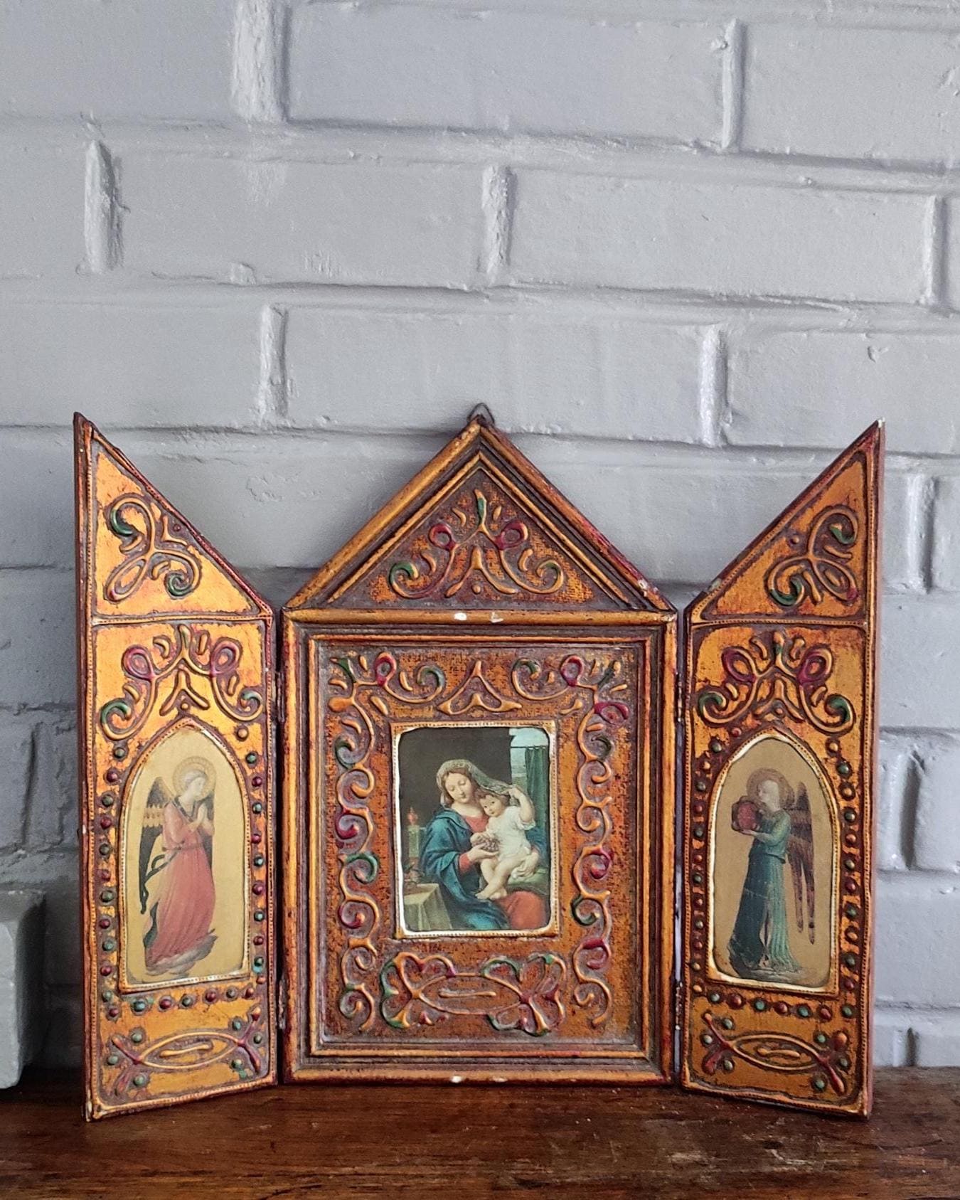 Antique Florentine Triptych Home Altar With the Virgin of the