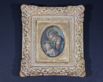 Vintage Madonna of the Book Religious Print by Sandro Botticelli with Gilded Wood Frame
