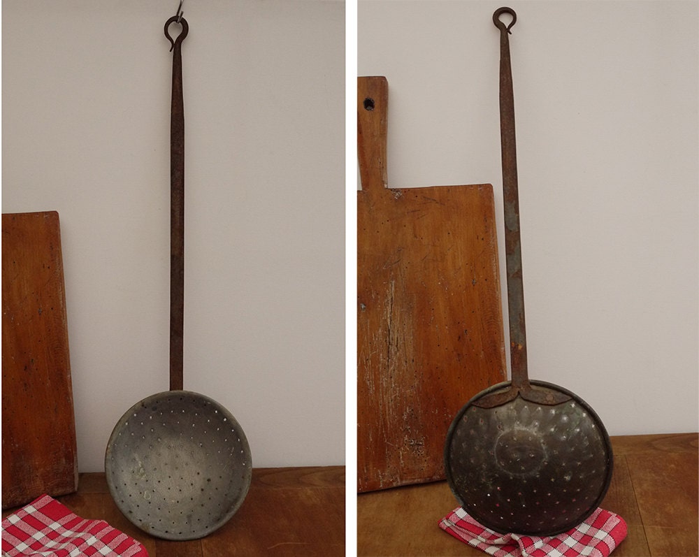 Antique Copper Skimmer Ladle With Forged Handle