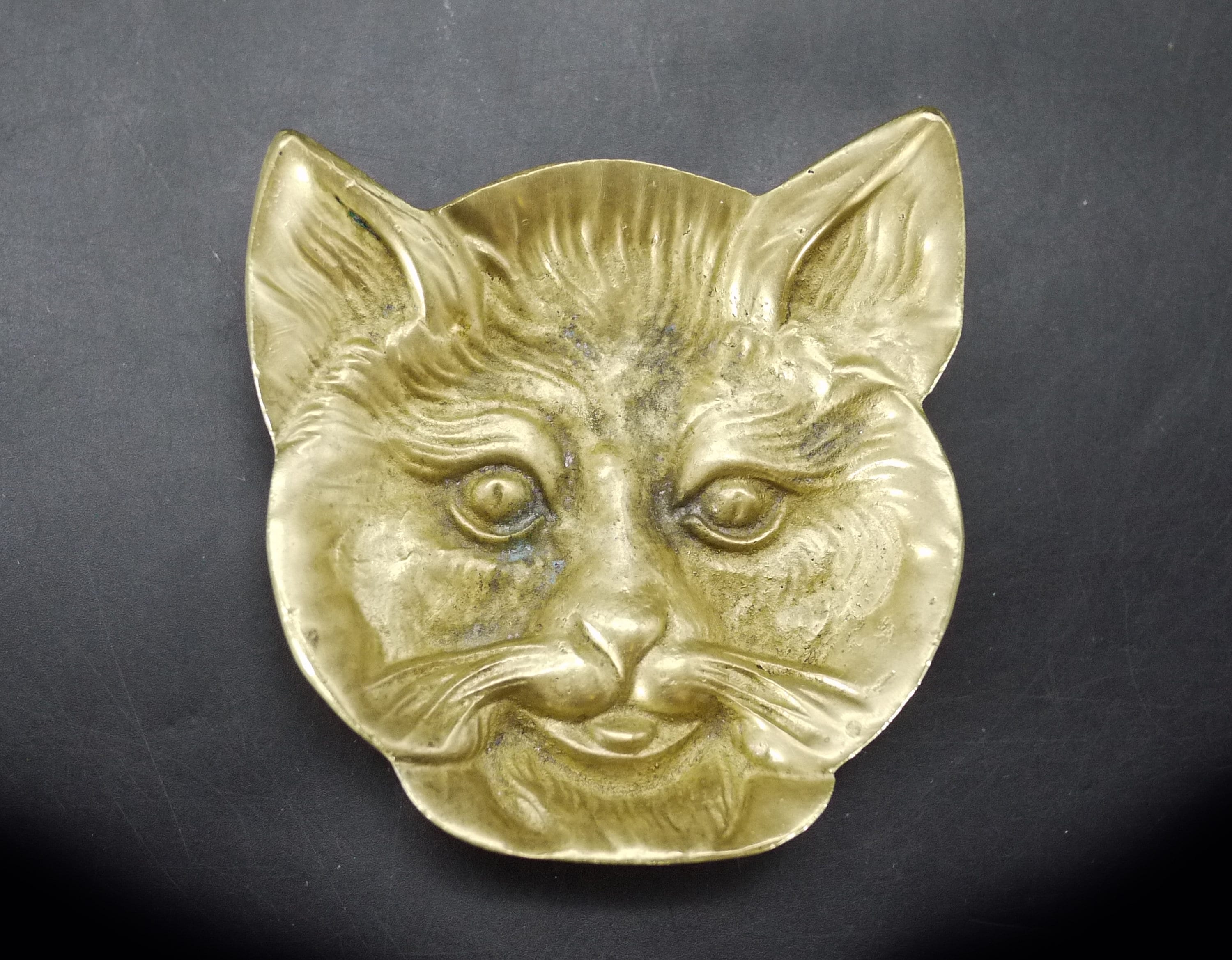 Vintage Figural Brass Cat Face Dish