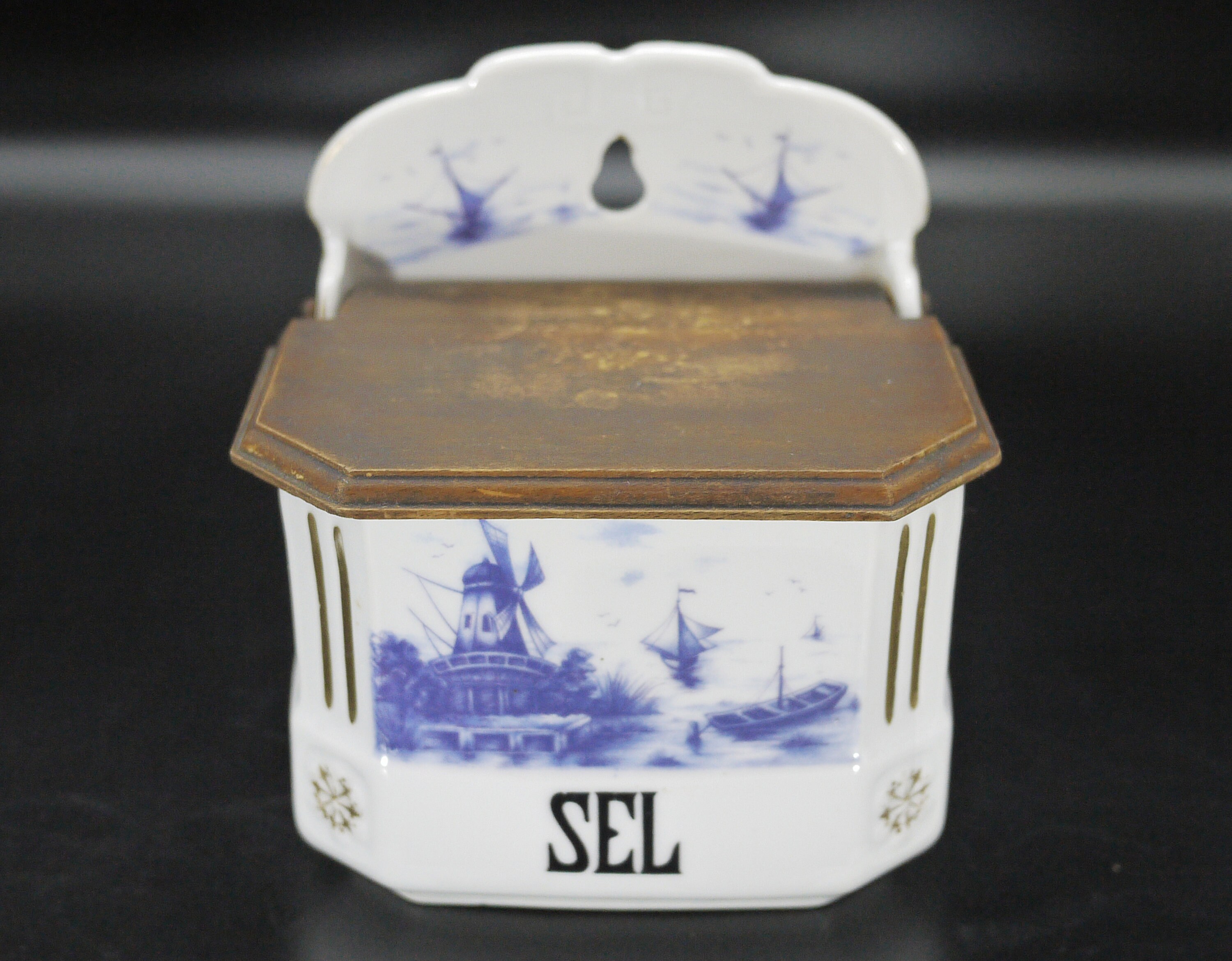 Porcelain Salt Box with Wood Lid and Windmill Scene