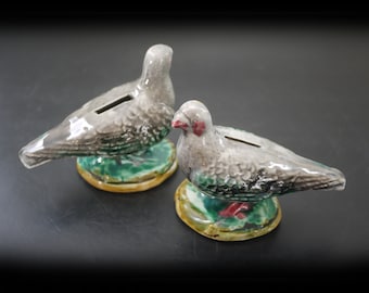 Antique Majolica Money Box set - French Pigeon Figurines by Onnaing