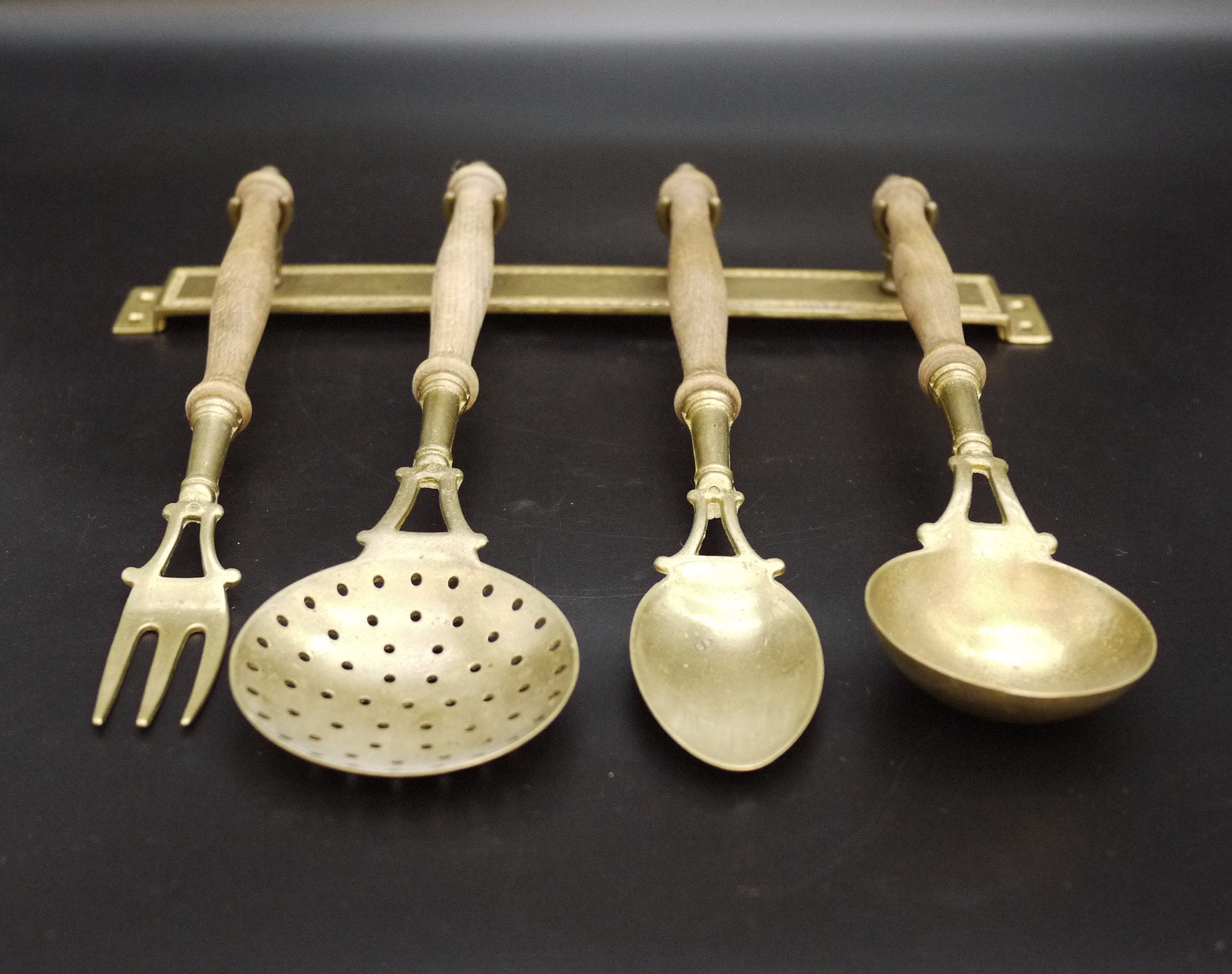 French Brass Kitchen Utensils Set with Brass Kitchen Rail, Rustic