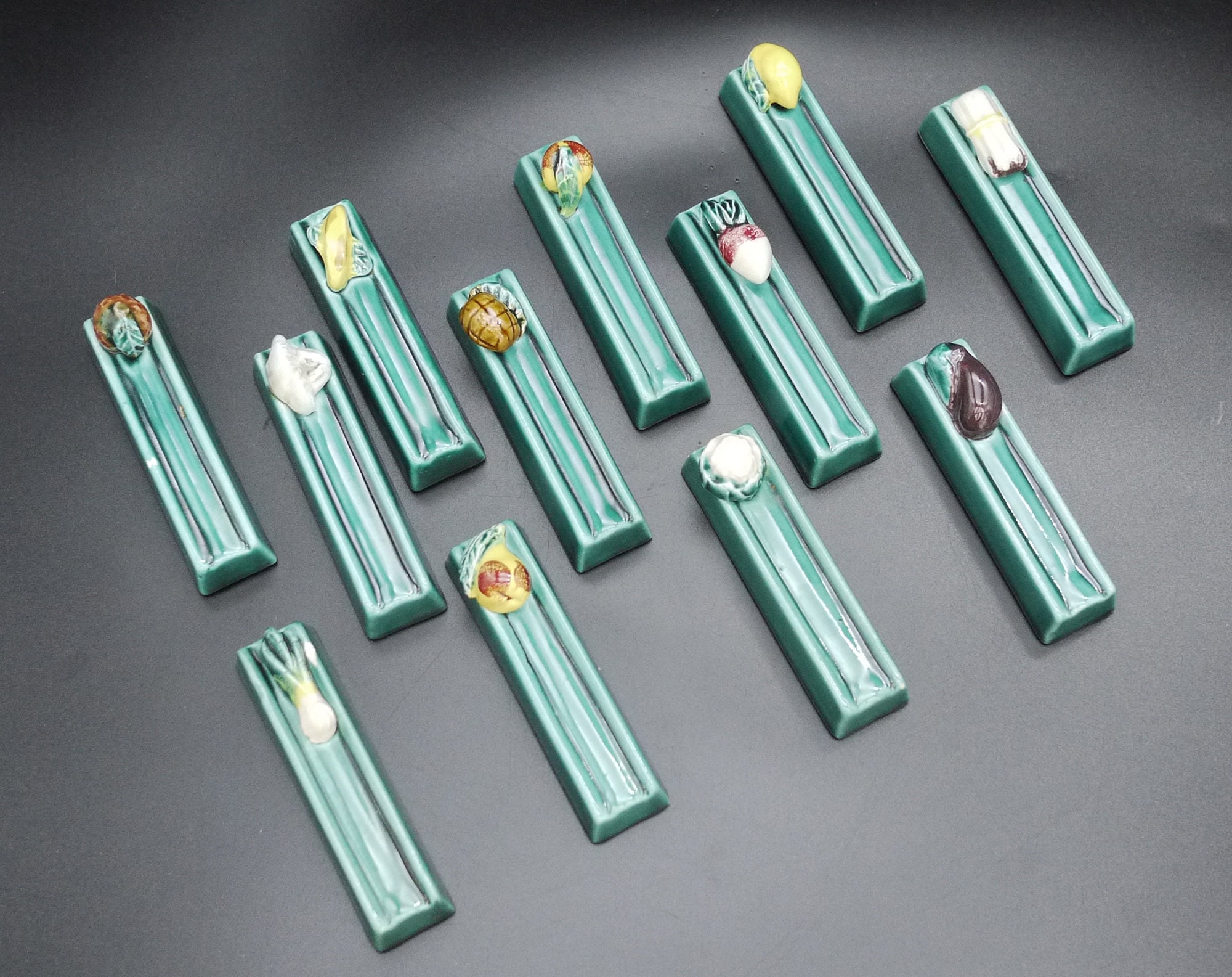 French Majolica Knife Rests, 12 Vegetables Cutlery Rests, Provencal