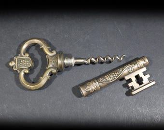 Vintage French Brass Skeleton Key Corkscrew Wine and Grapes Decor