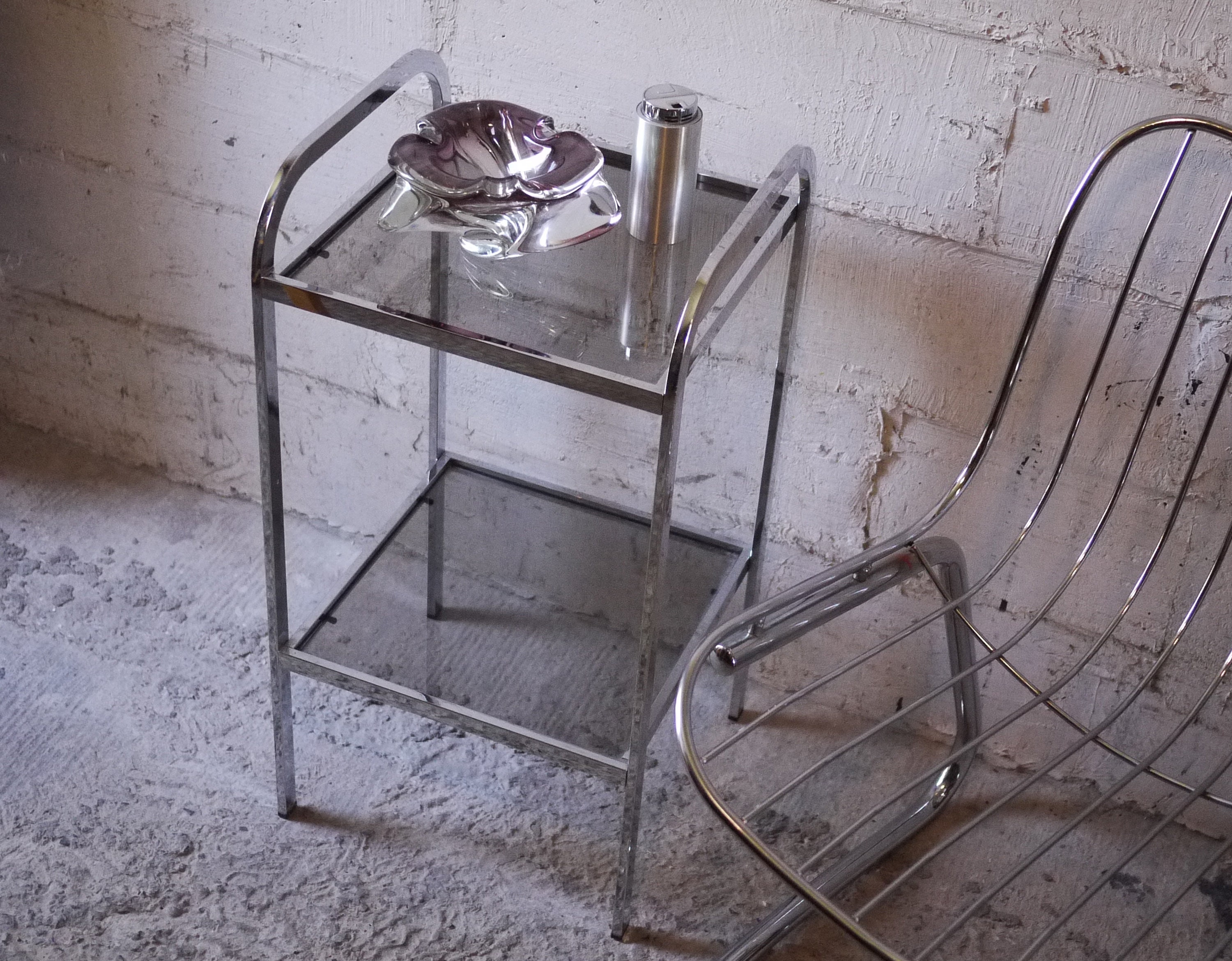 French Vintage Chrome and Glass Side Table