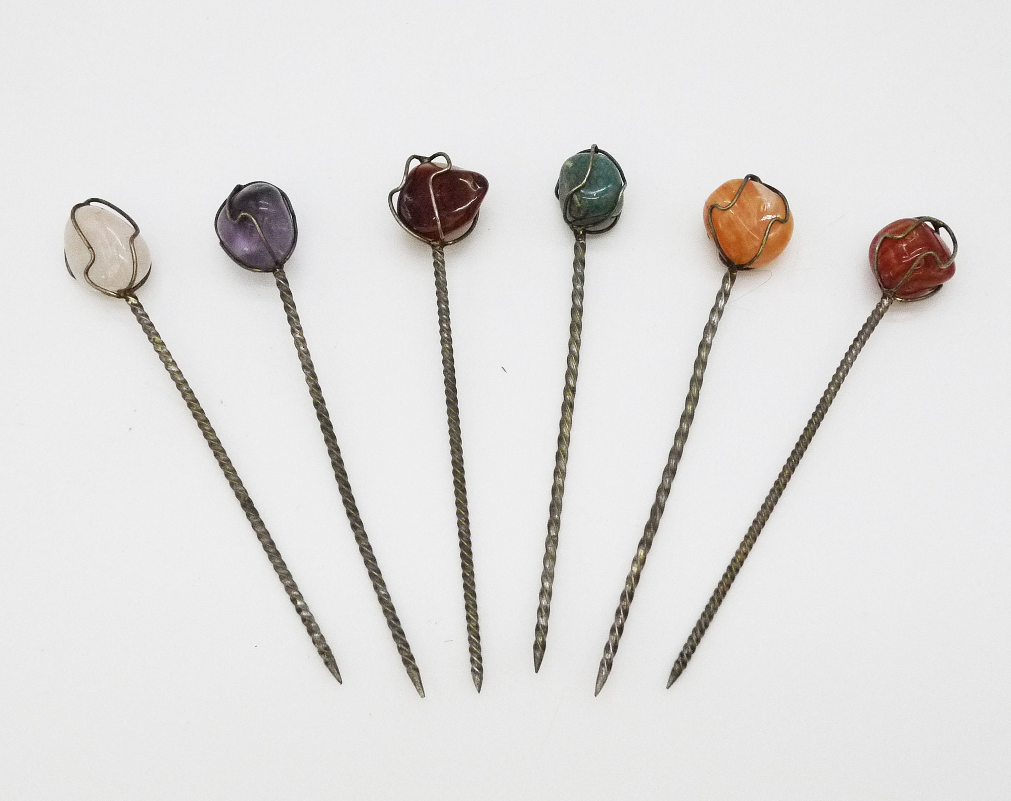 Vintage SemiPrecious Stones Cocktail Picks, French Hors D'oeuvre Picks