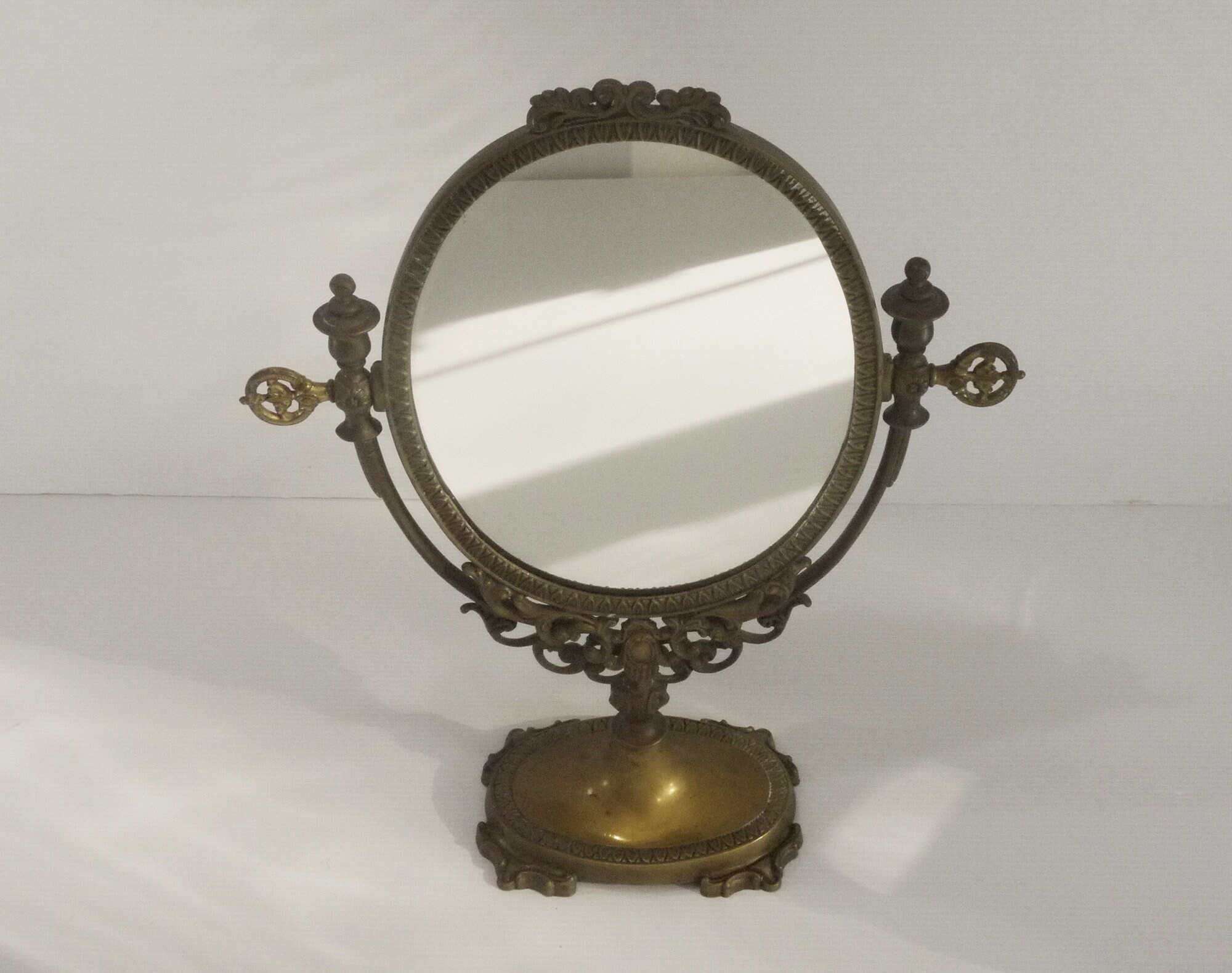 French Ornate Brass Swivel Vanity Mirror on Stand Circa 1950