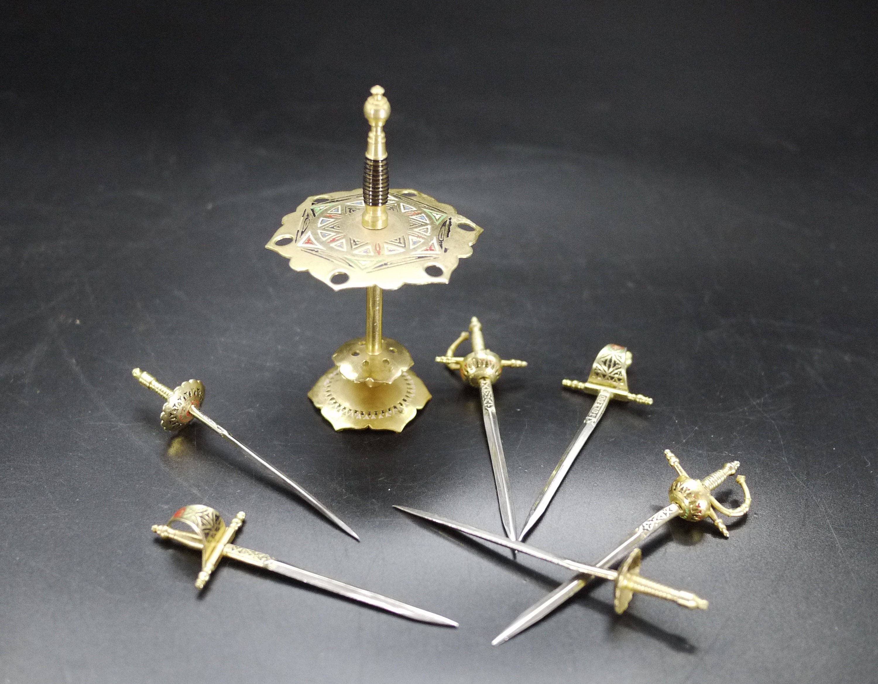 Vintage Brass Sword Cocktail Picks and Stand, Toledo 6 Picks