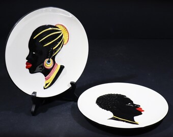 French Vintage Ceramic African Portrait Plate set Midcentury Ethnic Wall Decor