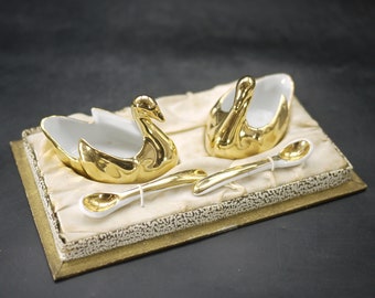 Boxed French Porcelain Swan Salt Cellars with Spoons