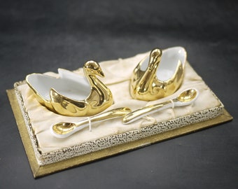 French Limoges Porcelain Salt Cellars Vintage Swan Figurine Dishes with Spoons, Boxed