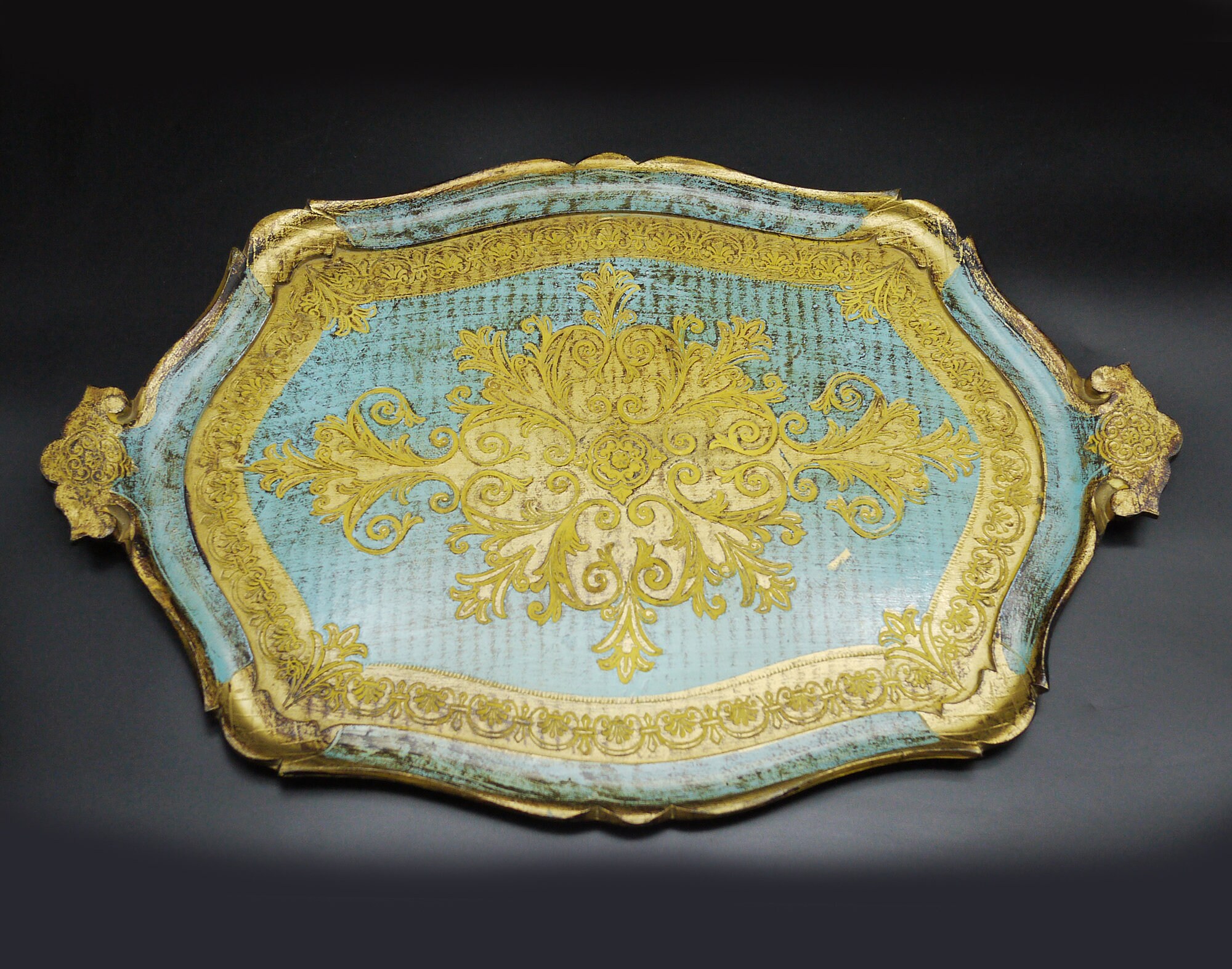 Vintage Florentine Tray, Large Blue and Gold Flower Toleware Drinks