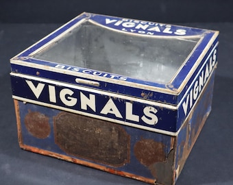 French Antique VIGNALS Biscuit Counter Display Tin Box with Glass Lid
