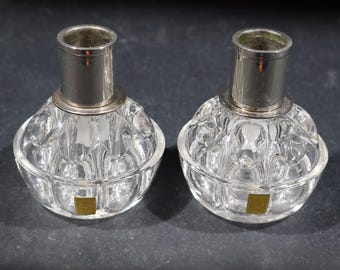 French Pair of Reims Glass Flower Frogs and Silver Candle Holders Vintage Rose Bowl Vases