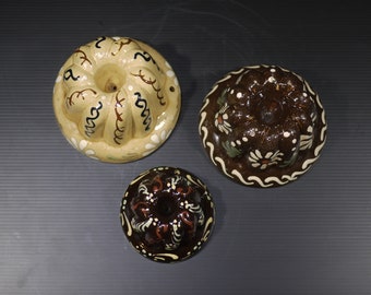 Vintage Ceramic Kouglof Mold set French Small Pottery Bundt Pans Rustic Wall Decor