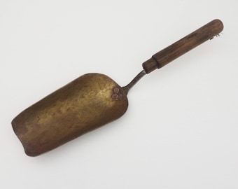 Antique French Brass Grain Scoop with Wooden Handle