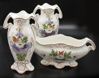 Antique French Vase and Planter Set - Art Nouveau Floral Ceramic Mantle Decor