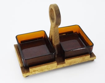 1960s Teak Tray and Amber Glass Dishes