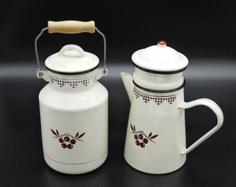 Vintage French Enamel Coffee Pot and Milk Churn White and Red Farmhouse Kitchen Decor