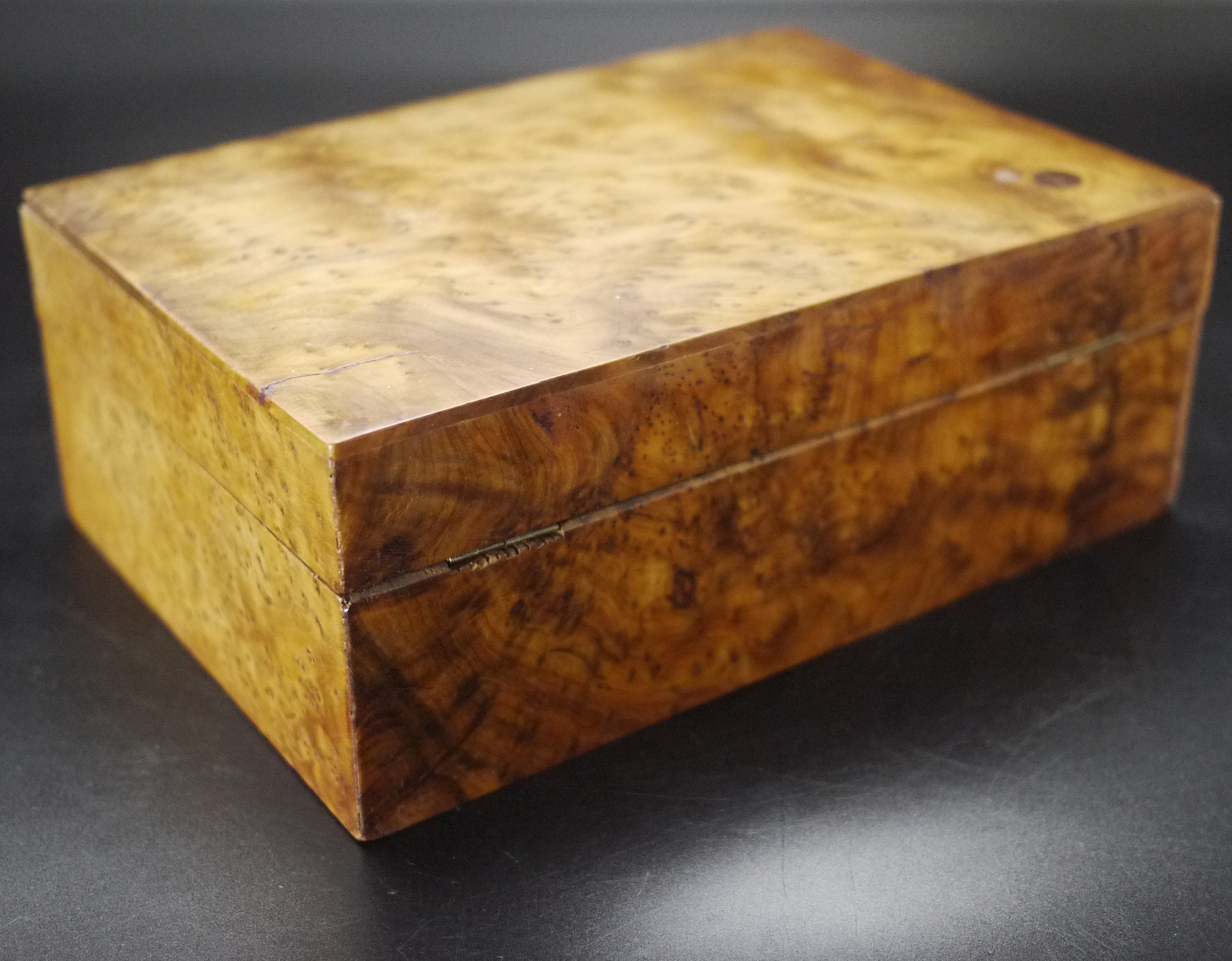 French Burl Wood Box with Key, Organic Desk Jewellery Box