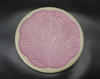 French Pink Ceramic Platter Vintage Majolica Leaf Decor Serving Dish by Verceram