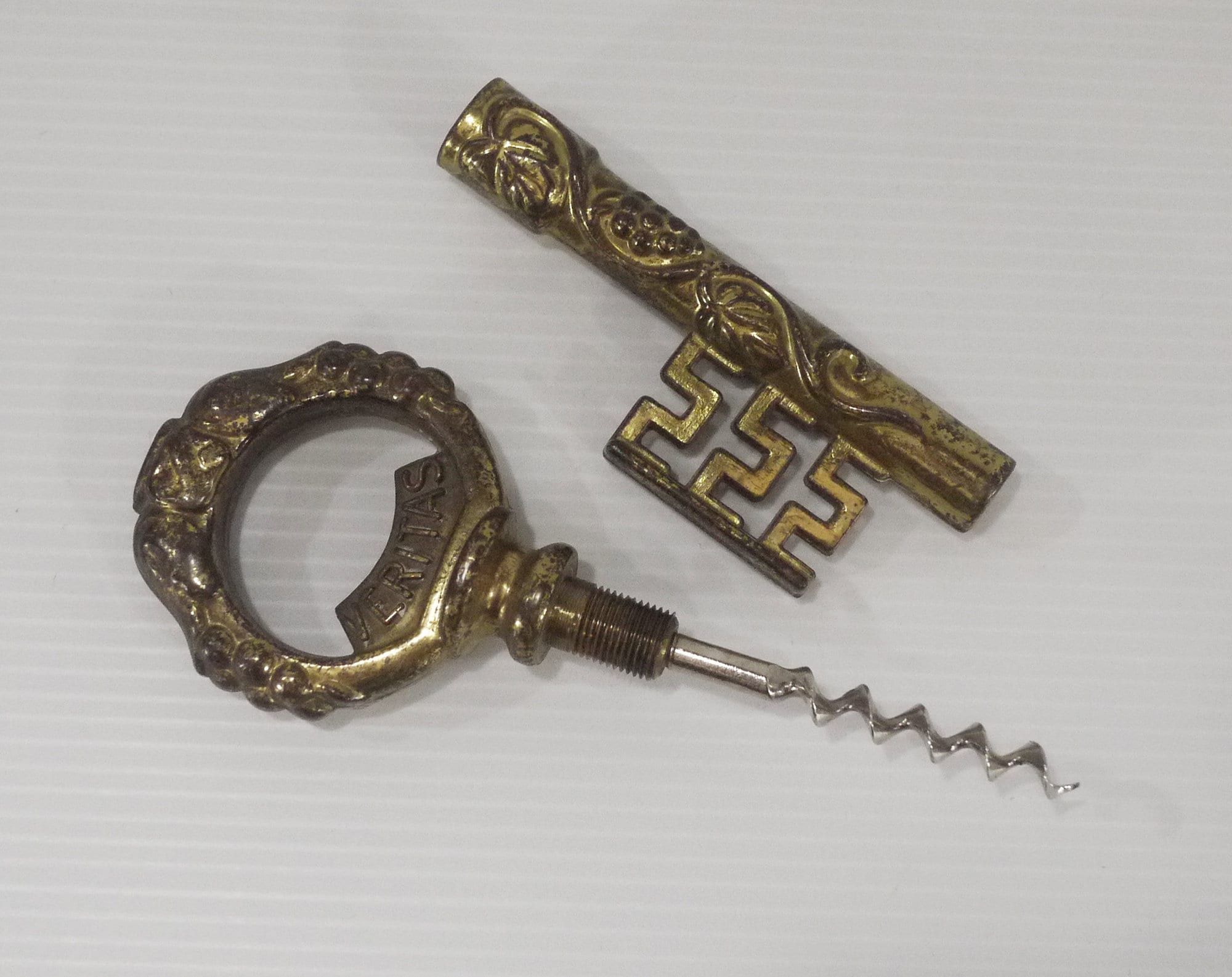 Vintage Brass Corkscrew, French Key Wine Bottle Opener In Vino Veritas.