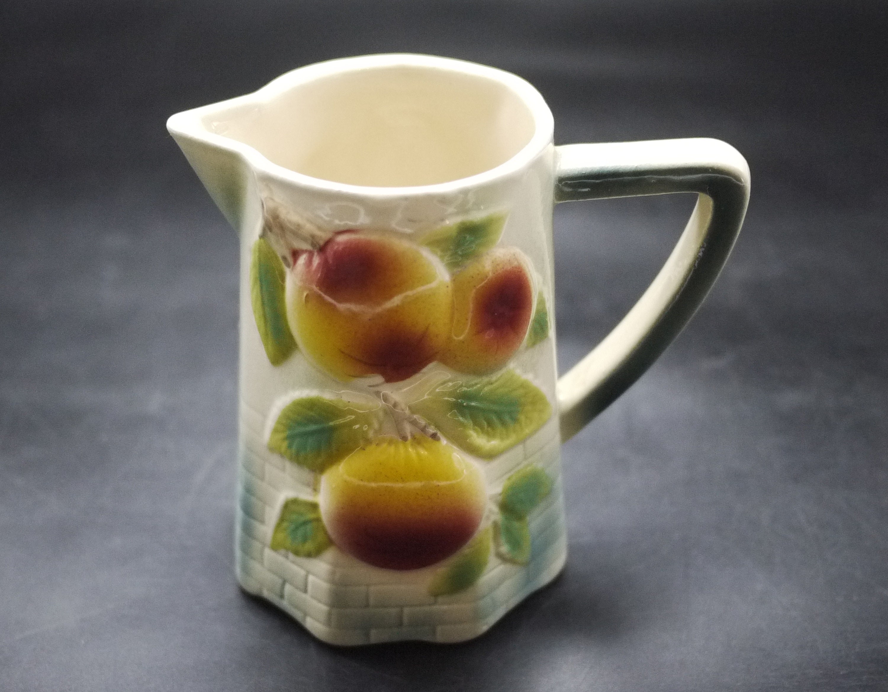 st Clement Majolica Peaches Pitcher Circa 1920S