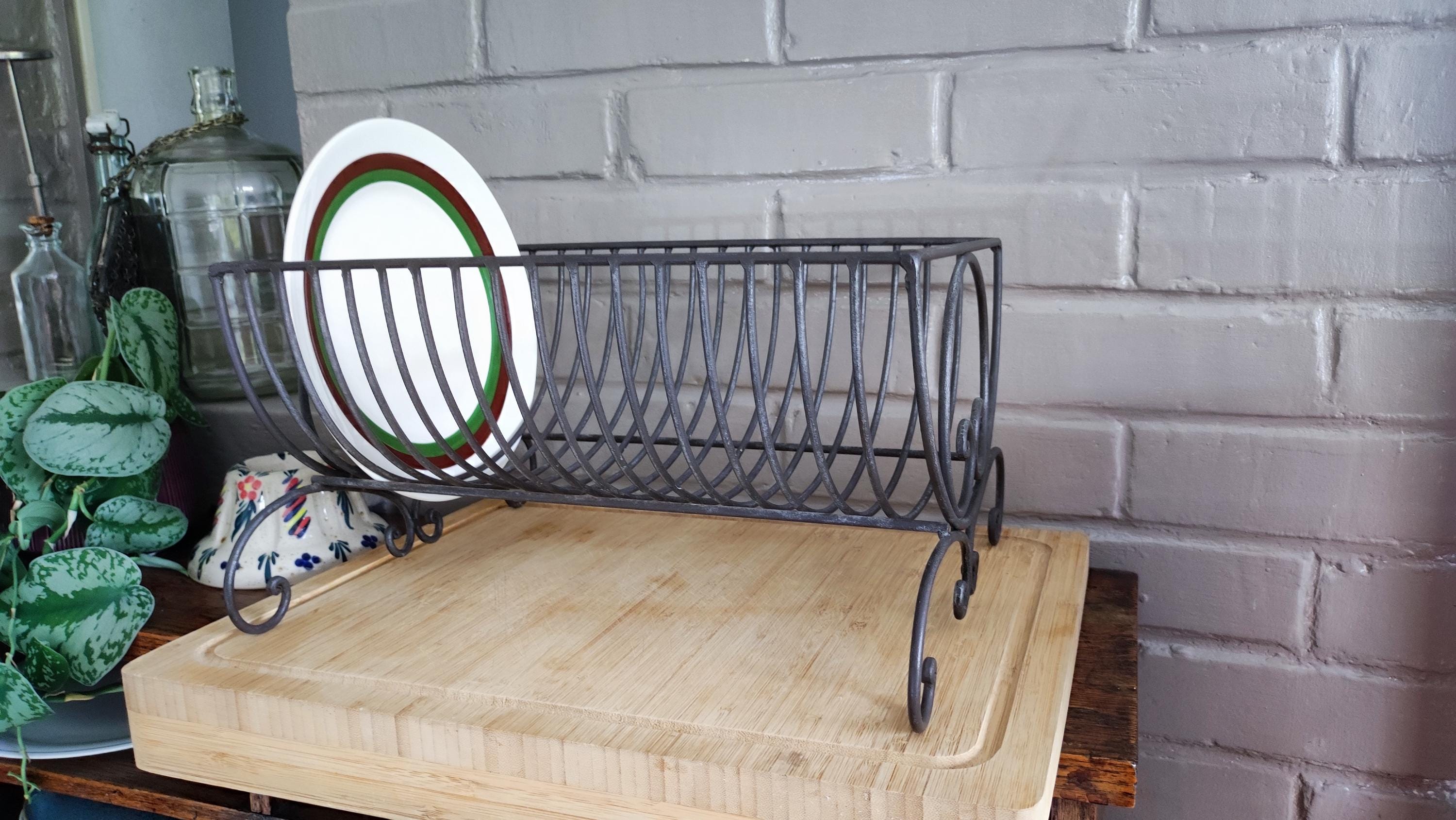 Vintage French Dish Drying Rack in Gray Wire Metal, Country