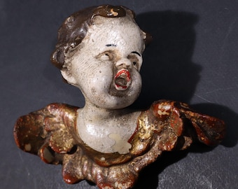Antique Angel Sculpture Italian Resin Cherub Head with Wings