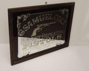 Vintage Wall Mirror For collar Samuel Colt Patent Repaeting Pistols With Wood Frame 24 "x 17" Circa 1970's