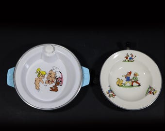 Vintage set of 2 Baby Food Warming Dishes Funny Children's Plates Gift Ideas