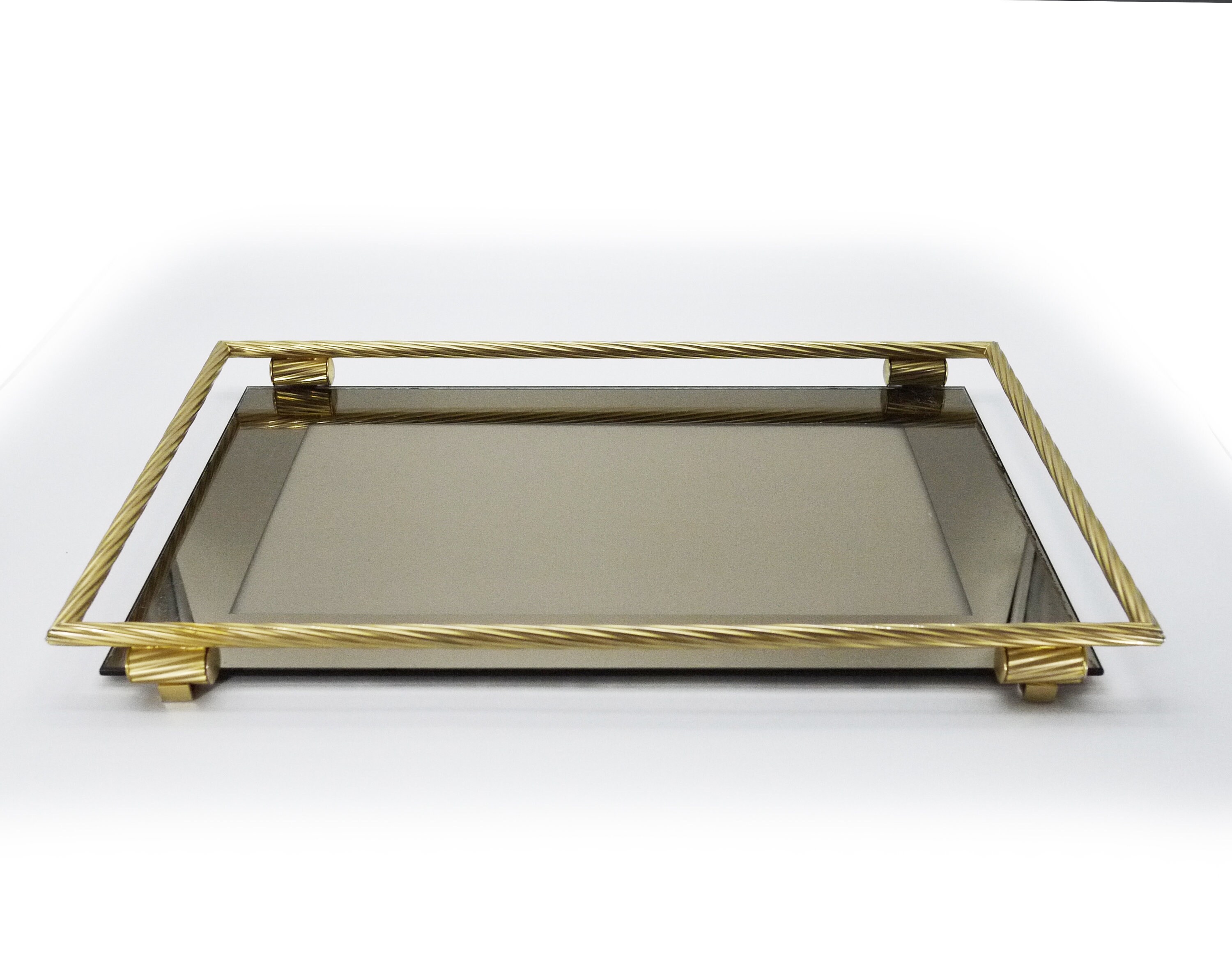 1970S Italian Brass & Smoked Glass Serving Tray