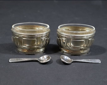 Pair Antique French Open Salts with Spoons Art Nouveau Salt Cellars